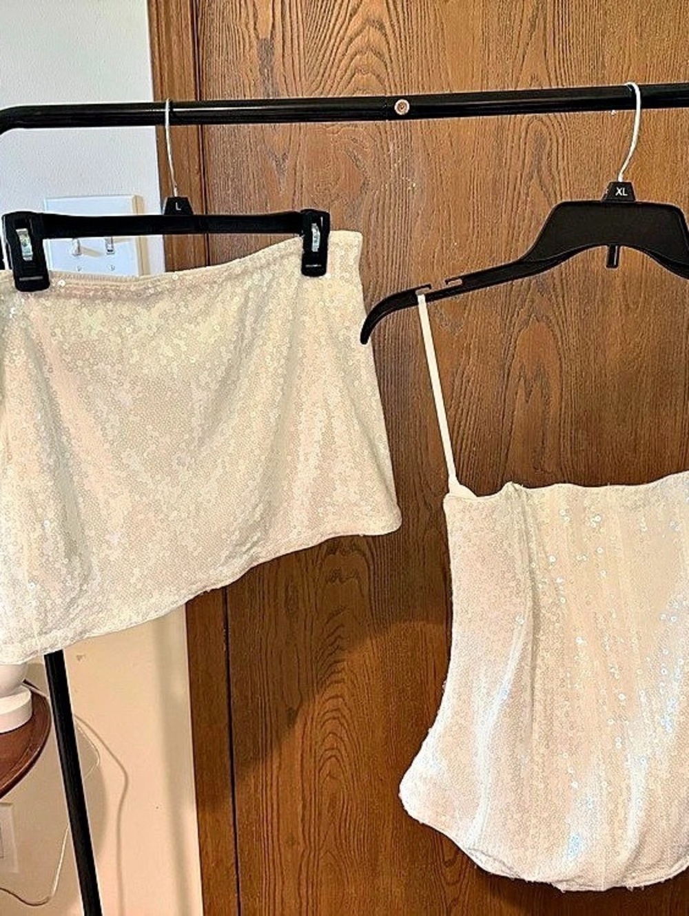 Sequin Top and Mini Skirt Set in White Like New